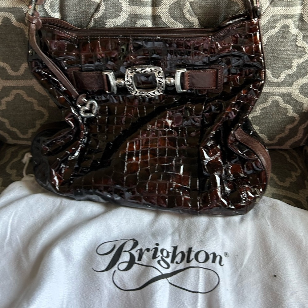 Brighton Brown Patent Crocodile Shoulder Bag